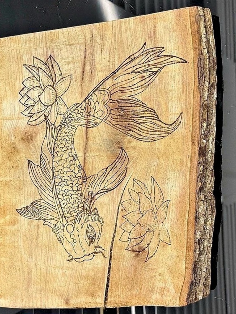 Wood Fish & Lotus Carved Wall Art Brown